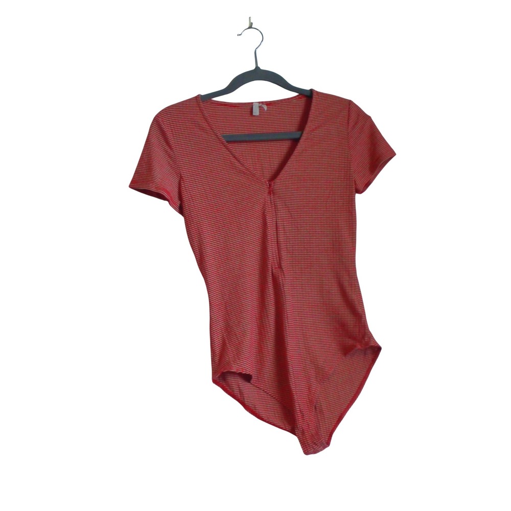Out From Under Urban Outfitters Red Striped‎ Ribbed V-Neck Zip Front Bodysuit M